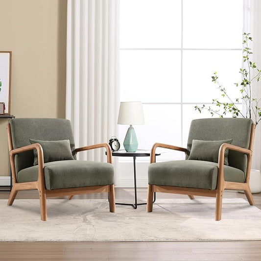 Accent Chair Mid Century Modern Chair Linen Fabric Living Room Chairs with Solid Wood Frame Comfy Upholstered and Lumbar Pillow Reading Side Chair Easy Assembly for Bedroom Room (2, Linen Green)