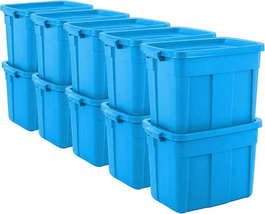 Rubbermaid Roughneck Tote 18 Gal, 10 Pack, Made in USA, Heritage Blue, Rugged Plastic Stackable Storage Bins with Lids and Handles