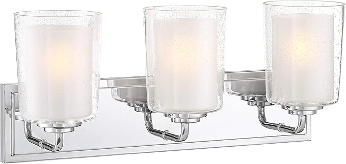 Possini Euro Design Mabelle Modern Wall Light Chrome Silver Hardwired 22 1/2" Wide 3-Light Fixture Mounted Clear Seedy Outer Frosted Glass Inner Bathroom Vanity Mirror House Home Hallway Room Decor