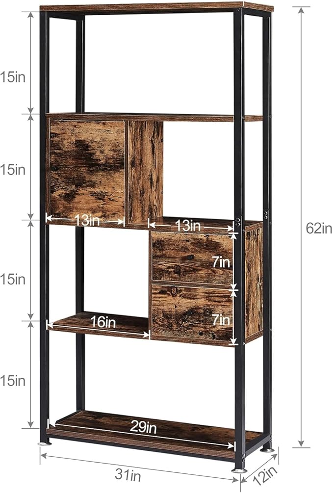 VECELO 5-Tier Bookshelf with 2 Storage Drawers & 1 Cabinet,Industrial Display Standing Shelf, Metal Frame Wood Storage Shelf,Open Bookcases for Living Room, Bedroom, Home,Office