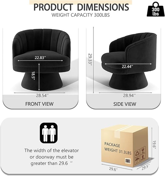 Swivel Accent Chair,Upholstered Velvet 360° Swivel Barrel Chair for Living Room Overstuffed Bouncle Reading Chair Round Armchair for Bedroom,Vanity,Office (Black)