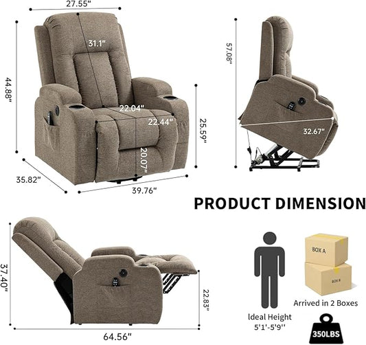 PELUMY Manual Lift Recliner Chair for Elderly with Massage & Heat, Oversized Heavy Duty 350 lbs Recliner with Cup Holders & USB Ports, Infinite Positioning Lift Chair for Adults (Linen Fabric, Brown)