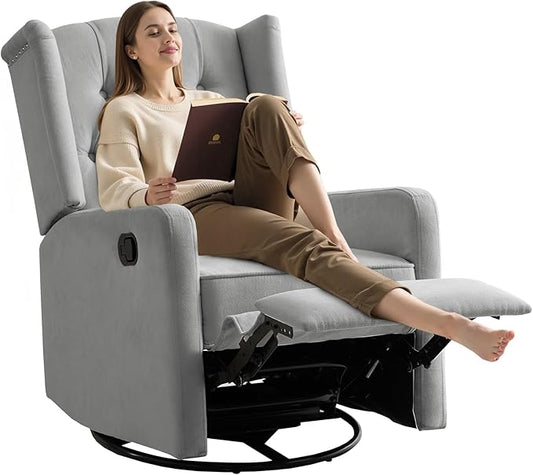 ABAKAN Swivel Rocker Recliner Chair, 360 Degree Nursery Rocking Recliner, Linen Glider Chair with Button Tufted Wingback Chair, for Living Room, Bedroom, Gray