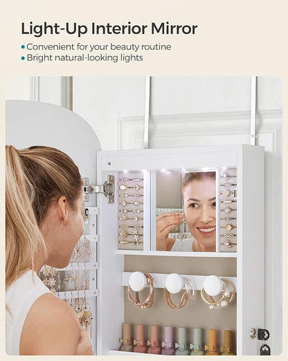 SONGMICS Jewelry Organizer, LED Jewelry Cabinet Wall/Door Mounted, Lockable Rounded Wide Mirror with Storage, Christmas Gift 3.9 x 16.5 x 42.5 Inches, White Surface with Greige Lining