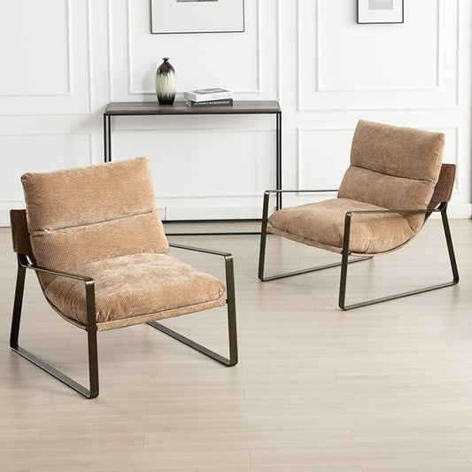 LukeAlon Modern Chenille Accent Armchairs Set of 2, Upholstered Lounge Chairs with Brass Metal Frame Thickened Cushion Single Sofa Chair Comfy Leisure Chair for Bedroom Living Room, Khaki