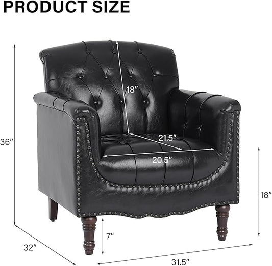 Faux Leather Accent Chair, PU Leather Modern Comfy Upholstered Armchair with Wood Legs & Nailhead Trim for Living Room, Bedroom