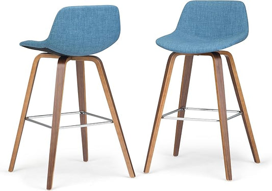 SIMPLIHOME Randolph Counter Stools (Set of 2) - 28 Inch Seat Height Upholstered Bentwood Kitchen Seats in Medium Blue Linen Look Fabric, Mid Century Modern Seating with Curved Backrest and Footrest