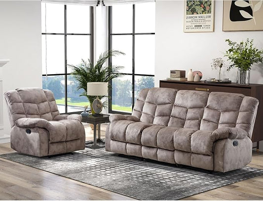 CANMOV Manual Reclining Sofa Set,2 Pieces Sofa Furniture Set for Living Room, Manual Recliner Sofa and Recliner Chair with Arms for Living Room, Bedroom, Light Brown (1+3)