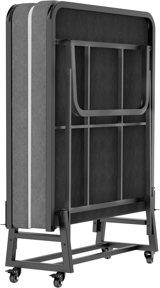 Folding Bed with Mattress, Portable Rollaway Guest Beds On Wheels, 72"x 32" Twin Size Portable Bed for Adults, Metal Bed Frame, Space Saving Roll Away Beds for Small Apartment