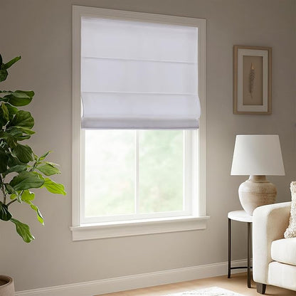 Madison Park Galen Matte White Cordless Roman Shades - Fabric Privacy Single Panel Darkening, Energy Efficient, Thermal Insulated Window Blind Treatment, for Home, Living Room Decor, 27" W x 64" H