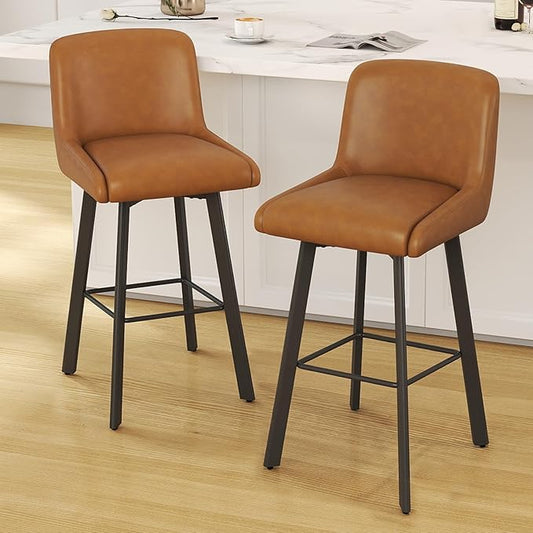 Swivel Counter Height Bar Stools Set of 2, 30''H Upholstered Barstools with Backs, Modern Bar Stool Chairs for Kitchen Island, Metal Legs, Faux Leather, Whiskey Brown Stools Counter Chair
