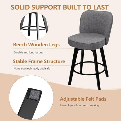 MINCETA Bar Stools Set of 2, 26 Inch Upholstered Barstools with Backrest and Footrest, Swivel Counter Height Barstools for Kitchen Island Home Bar Gray