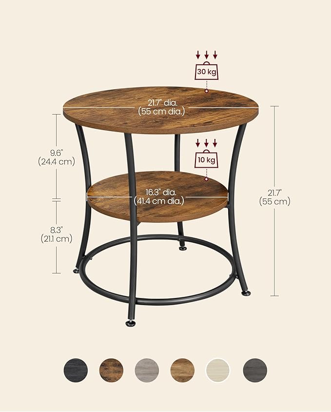 VASAGLE Side Table, 2-Tier Round End Table, Nightstand with Steel Frame for Small Spaces, Living Room, Bedroom, Rustic Brown and Ink Black