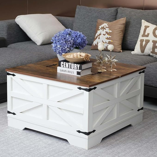 Lift Top Coffee Table, 31.5" Square Coffee Table with Storage, Farmhouse Coffee Tables for Living Room, Cocktail Tables with Large Hidden Compartment, Rustic White