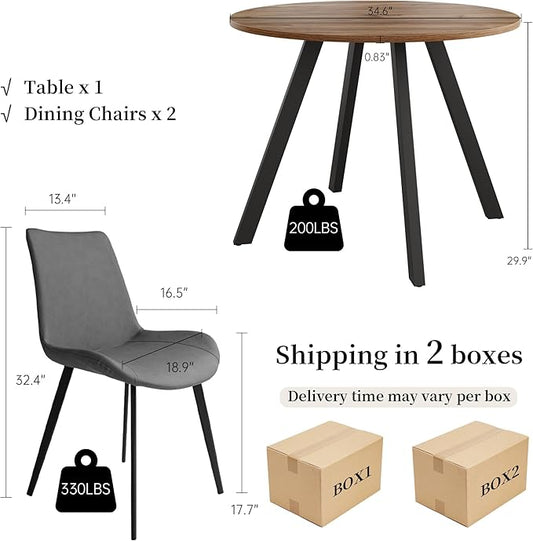 34.6'' Dining Table and Chairs for 2, Mid Century Modern Round Table Set, Space Saving for Apartment Kitchen Dining Room (Walnut Table+2 Grey Chairs)