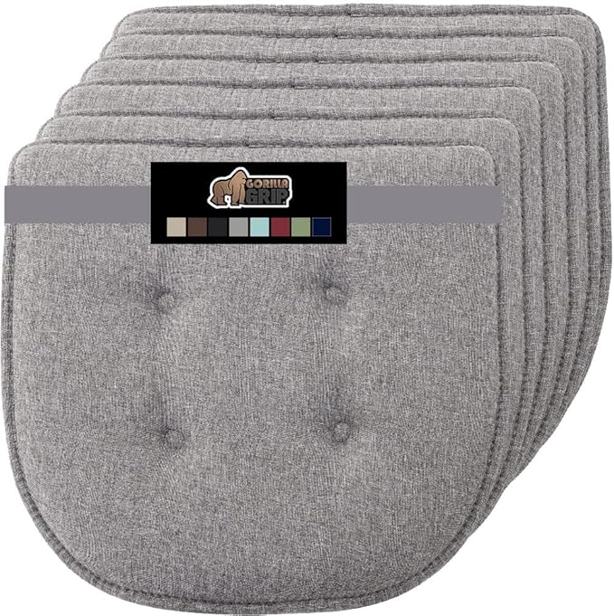 GORILLA GRIP Slip Resistant Tufted Chair Cushions, No Ties Required, Set of 6 Memory Foam Pads for Dining Room Kitchen Table, Office, Rocking Chairs, Plush Seat Cushion Pad, Home Decor, 16x17, Gray