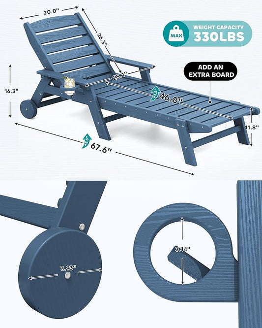 SERWALL Patio Chaise Lounge Chair Set of 6, 5 Positions Adjustable Poly Outdoor Lounger for Pool, HDPE Lounge Chair with Rolling Wheels & Cup Holder for Poolside, Deck, Blue