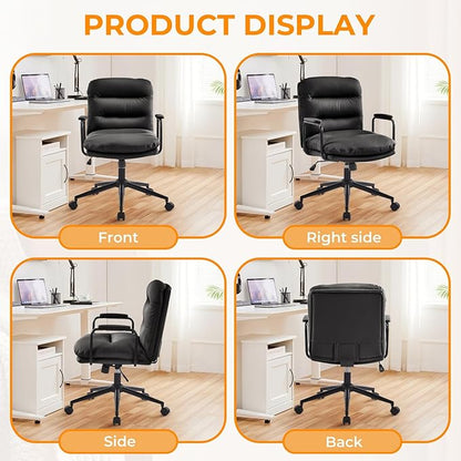Furniliving Leather Home Desk Chair, Comfortable Executive Office Chair with Wheels, Ergonomic Computer Task Chair Adjustable Height, Black