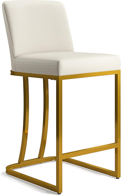 MAISON ARTS Off White & Gold Counter Height Bar Stools with Back Set of 3 for Kitchen Counter 24 Inch Modern Upholstered Faux Leather Barstools Farmhouse Bar Chairs Luxury Island Stools Support 330LBS