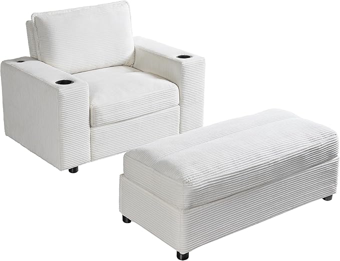 Christopher Knight Home Zoe Oversized Chaise Lounge Chair Indoor with Cup Holders & USB Charging Port, Corduroy Upholstered Sofa Bed + Ottoman with Storage, Comfy Deep Seat Sleeper Sofa Chair, Beige