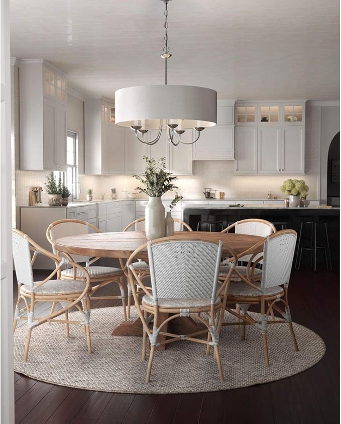 Progress Lighting Drum Shade Collection Five-Light Chandelier, Farmhouse Style Hanging Ceiling Light Fixture for Dining Rooms, Foyers, White Textured Linen Shade, Brushed Nickel