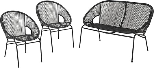 Christopher Knight Home Dessa 3 Piece Patio Furniture Set, Patio Wicker Accent Chair Set of 2 and Loveseat, Metal Frame 4 Seater Outdoor Papasan Lounge Chair Set, PE Rattan Outdoor Bistro Set, Black