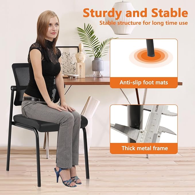CLATINA Stacking Waiting Room Chairs, Adjustable Mesh Backrest Armless Office Guest Reception Chair with Ergonomic Lumbar Support and Leather Cushion for Conference Lobby Side School Classroom,4PK