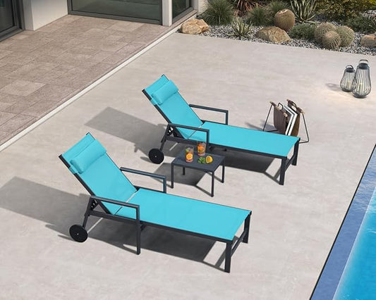 PURPLE LEAF Patio Lounge Chair Set of 3 Outdoor Chaise Lounger Aluminum Frame with Armrest Side Table and Wheels for Pool Outside Sunbathing Tanning Recliner Including Pillows Turquoise Blue