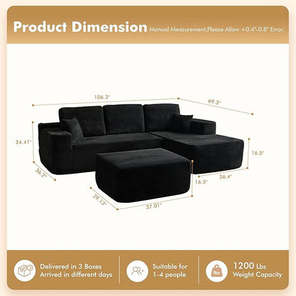 106" Cloud Sectional Couch with L-Shape Chaise & Ottoman, No Assembly Modular Sofa, Deep Seat Corduroy Boneless Couched for Living Room (Black Stripe Corduroy, Right Facing Chaise with Ottoman)