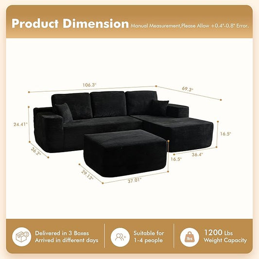 106" Cloud Sectional Couch with L-Shape Chaise & Ottoman, No Assembly Modular Sofa, Deep Seat Corduroy Boneless Couched for Living Room (Black Stripe Corduroy, Right Facing Chaise with Ottoman)