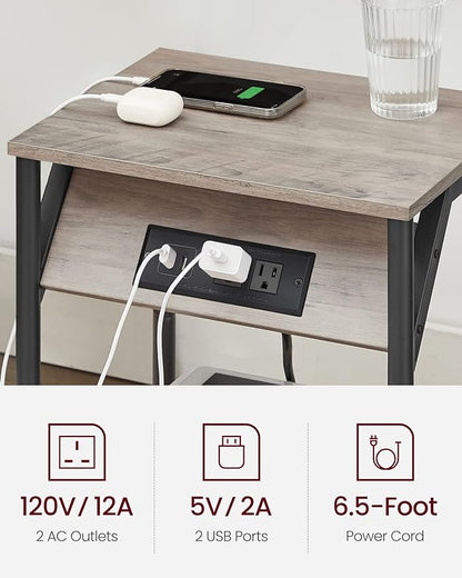 VASAGLE End Table with Charging Station, Small Side Table for Living Room, Bedroom, Nightstand with Outlets and USB Ports, Bedside Table with Storage Shelf, Heather Greige and Black