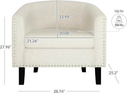 BELLEZE Living Room Chair, Upholstered Accent Chair, Barrel Club Chair with Silver Nail Head Trim & Black Legs, for Living Room Bedroom Reception Room- Kyara (White/Polyester)