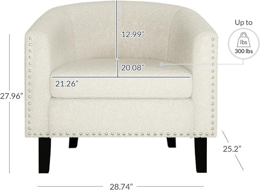 BELLEZE Living Room Chair, Upholstered Accent Chair, Barrel Club Chair with Silver Nail Head Trim & Black Legs, for Living Room Bedroom Reception Room- Kyara (White/Polyester)