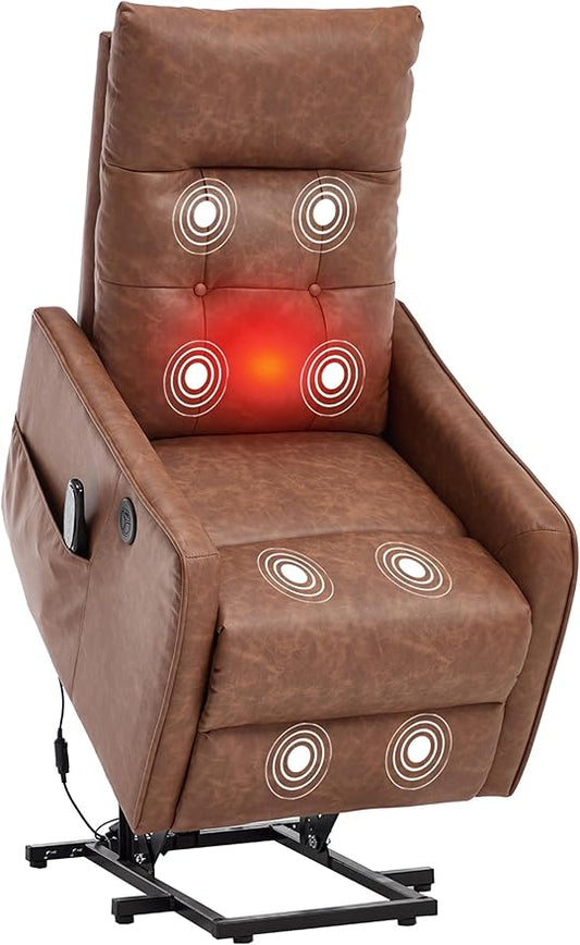 PELUMY Manual Lift Recliner Chair with Massage and Heat for Elderly, Single Motor Electric Lift Chair, Heavy Duty Recliner with USB Charging & Side Pockets (Breathable Leather, Yellow Brown)