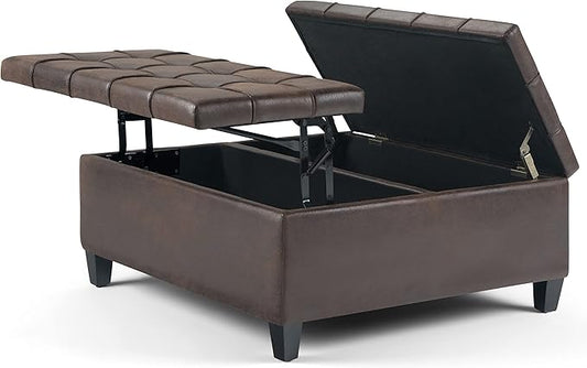 SIMPLIHOME Harrison Coffee Table Storage Ottoman - 36 inch Wide Upholstered Vegan Leather Square Lift-Top Ottoman in Distressed Brown, Transitional Ottoman for Living Room with Hidden Storage