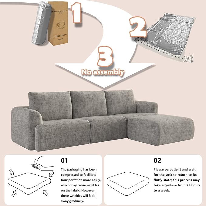 EASE MOOSE Boneless Modular Cloud Couch, Oversized L-Shaped Sectional Sofa for Living Room, Extra Large Movable Couches, 6-Deep-Seat Movable Sofas for Bedroom, Apartment, Chenille (Light Grey)