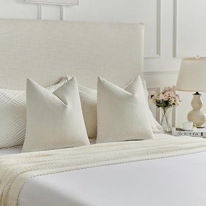 FUTEI Cream Chenille Decorative Throw Pillow Covers 22x22 Inch Set of 2,Soft Cozy Faux Linen Textured Cushion Case,Farmhouse Home Decor for Couch Living Room