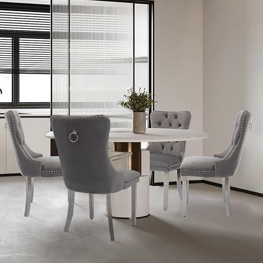 Velvet Upholstered Dining Chairs Set of 4, Modern Style Kitchen Side Chairs with Nailhead Trim and Silver Plated Leg, Metal Pulling Ring for Dining Room Living Room(Gery-Silver Plated Leg)
