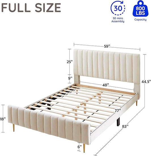 Livinia Full Size Elton Velvet Platform Bed, Upholstered Bed Frame with Vertical Channel Tufted Headboard Footboard, Strong Wood Slats, No Box Spring Needed, Ivory (Full)