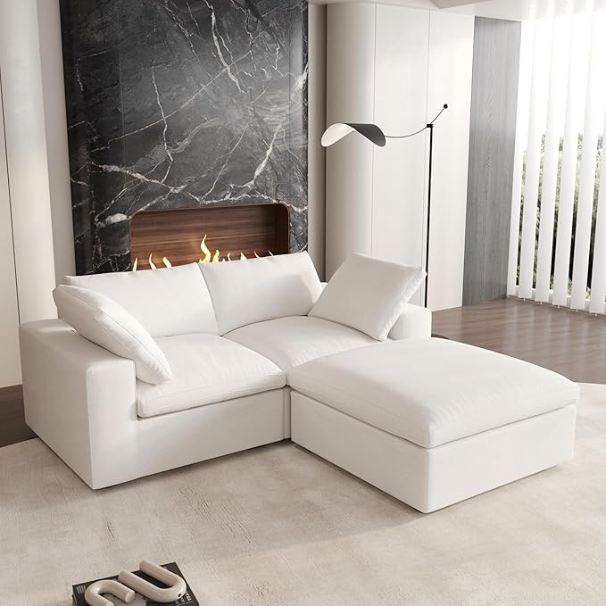 Cloud Modular Sectional Sofa,80.3" Down Filled Comfort Sofa Couch for Living Room,2 Seater+ 1Ottoman Couches for Livingroon Apartment,Sofa Cover Washable and Replaceable-White