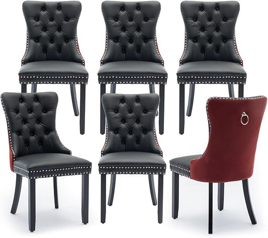 Leather Upholstered Dining Chairs Set of 6, Modern Style Kitchen Side Chairs with Nailhead Trim and Wood Leg, Metal Pulling Ring for Dining Room Living Room(Black&Wine Red)