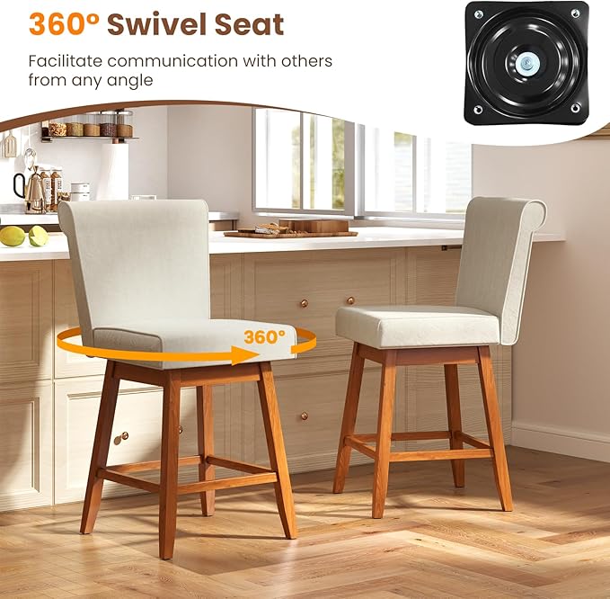 COSTWAY Swivel Bar Stools Set of 4, 27" Counter Height Bar Chairs with Rubber Wood Legs, Upholstered Linen Barstools with Back & Cushioned Seat, for Kitchen Island, Home, Beige