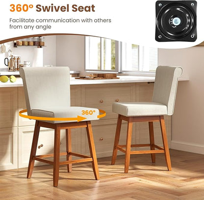 COSTWAY Swivel Bar Stools Set of 4, 27" Counter Height Bar Chairs with Rubber Wood Legs, Upholstered Linen Barstools with Back & Cushioned Seat, for Kitchen Island, Home, Beige