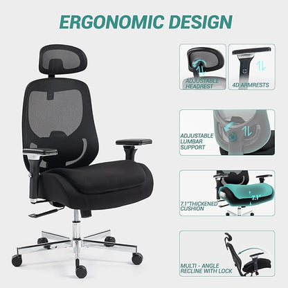 Big and Tall Executive Office Chair, Ergonomic Comfy Mesh Desk Chair with 4D Arms & Extra Wide Seat, Adjustable Headrest & Lumbar Support, 750LBS Capacity, Black