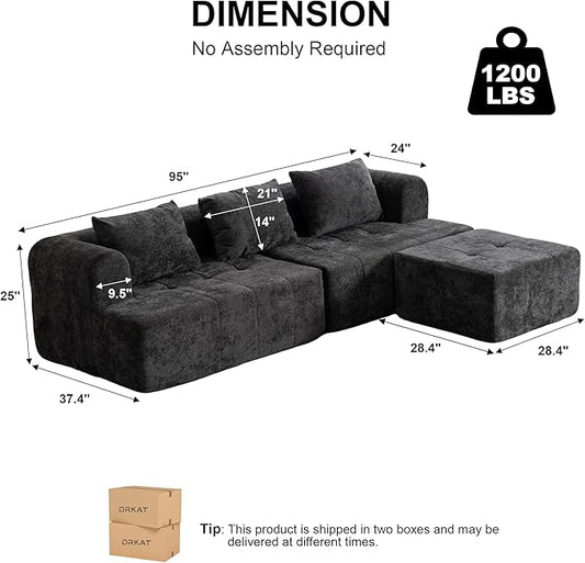 95" Modern Cloud Sectional Sofa Couch, Modular L-Shaped Sofas with Deep Seat and Chaise Ottoman, Chenille Boneless Tufted Couches for Living Room, No Assembly Required, Black