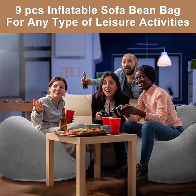 Realspring 9 Pcs Bean Bag Chairs for Adults Inflatable Chairs with Electric Air Pump,Blow up Couch Folding Portable Inflatable Couch Lazy Sofa for Reading Living Room Camping (Grey)