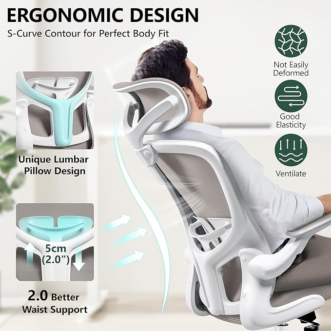 FelixKing Ergonomic Office Chair, Headrest Desk Chair with Adjustable Lumbar Support, Home Office Swivel Task Chair with High Back and Armrest, Adjustable Height Gaming Chair (Gray)