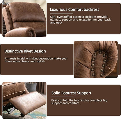Push Back Recliner Chair Faux Leather Lounge Armchair with Rivet Decoration Wingback Single Sofa Chair with Padded Seat Solid Wood Legs for Living Room, Chocolate