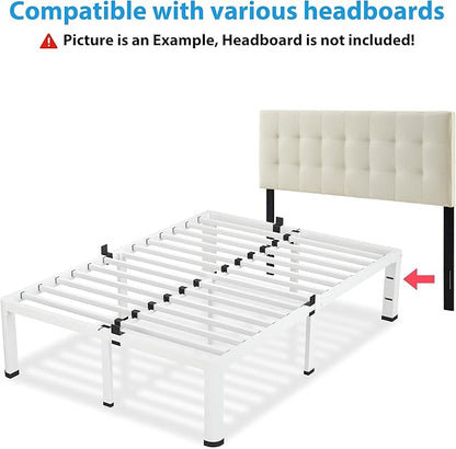18 Inch Queen Size White Bed Frame, 3500Lbs Heavy Duty Metal Platform with Round Corner Legs Mattress Slide Stopper, Steel Slat Support No Box Spring Needed, Noise Free, Easy Assembly
