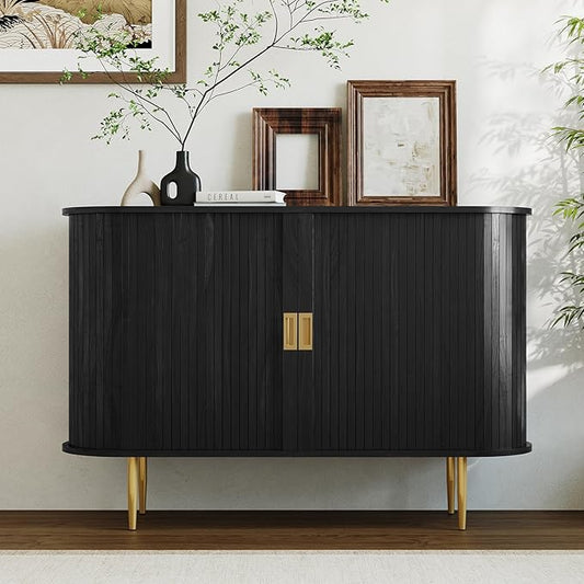 ARTPOWER 47.2" Sideboard Buffet Cabinet with Tambour Door, 6 Heights Adjustable Shelves, Accent Console Cabinet with Storage, Modern Credenza for Living Room, Dining Room, Entryway, Black